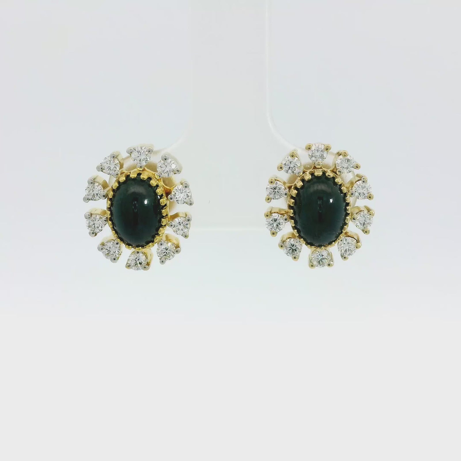 Vintage 18k Yellow Gold Sapphire Cabochon and Diamond Earrings