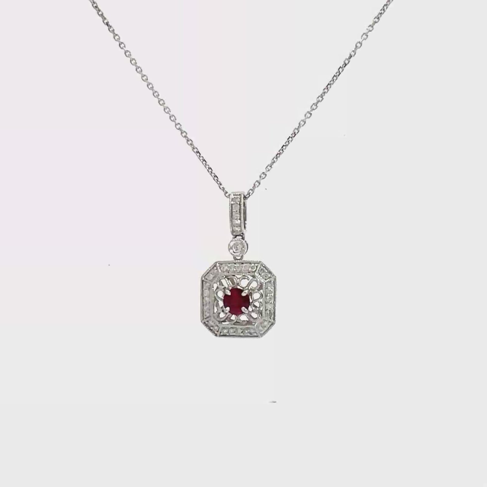 Vintage 18k White Gold 0.35ctw Ruby and 0.27ctw Diamond Pendant on 14k White Gold Chain