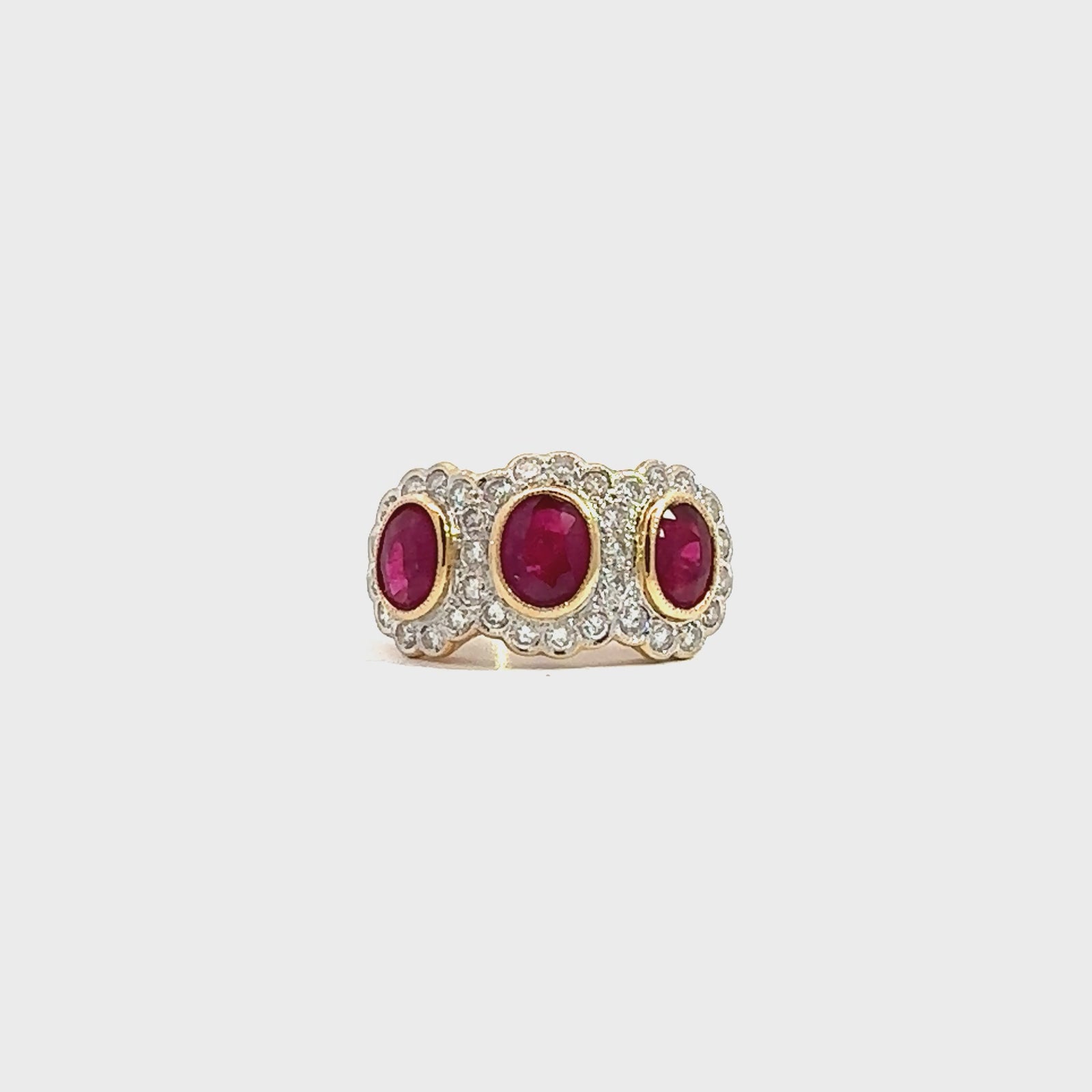 Vintage 18k Yellow Gold 2.16cttw Three Stone Ruby and 1.05cttw Diamond Ring