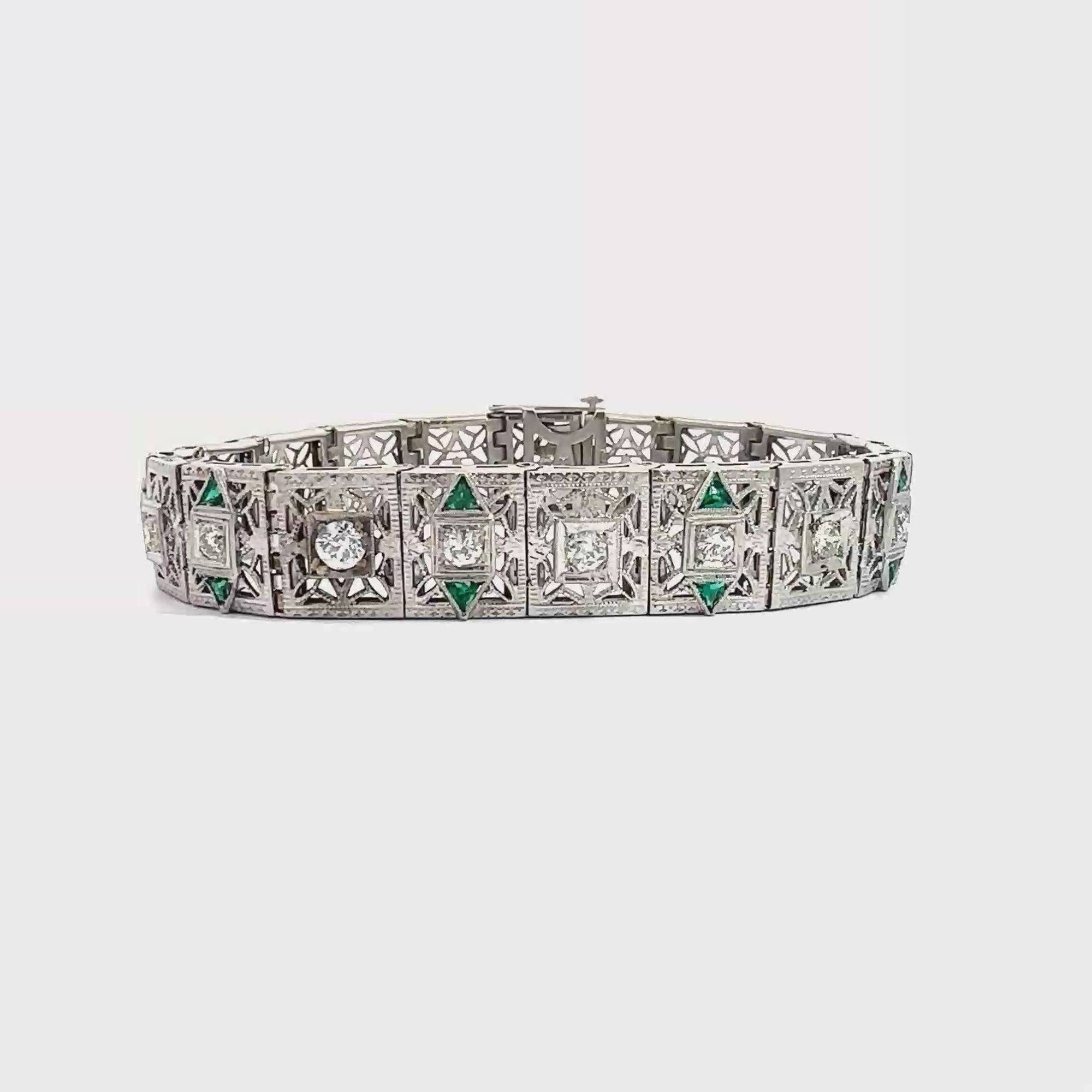 Vintage 14k White Gold Lab Created Emerald and 0.70ctw Diamond Filigree Bracelet