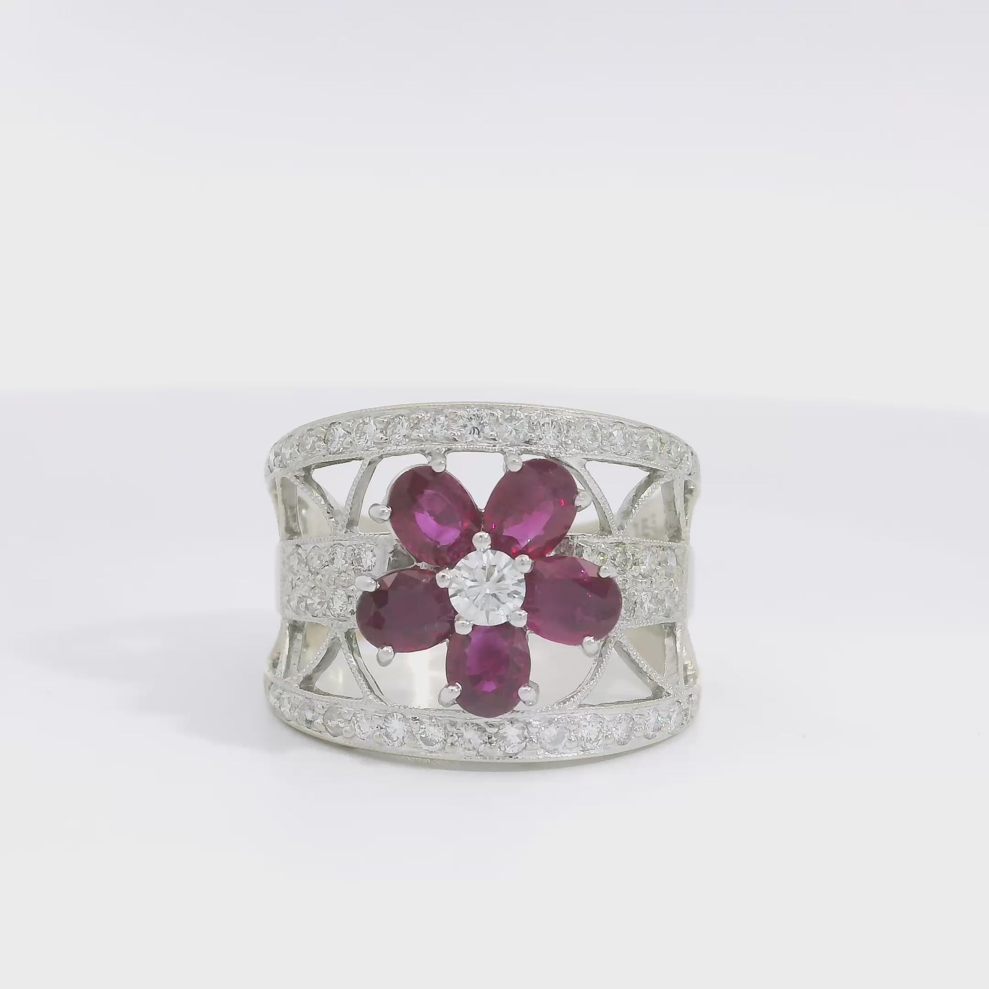 Estate 18k White Gold Floral Ruby and Diamond Ring