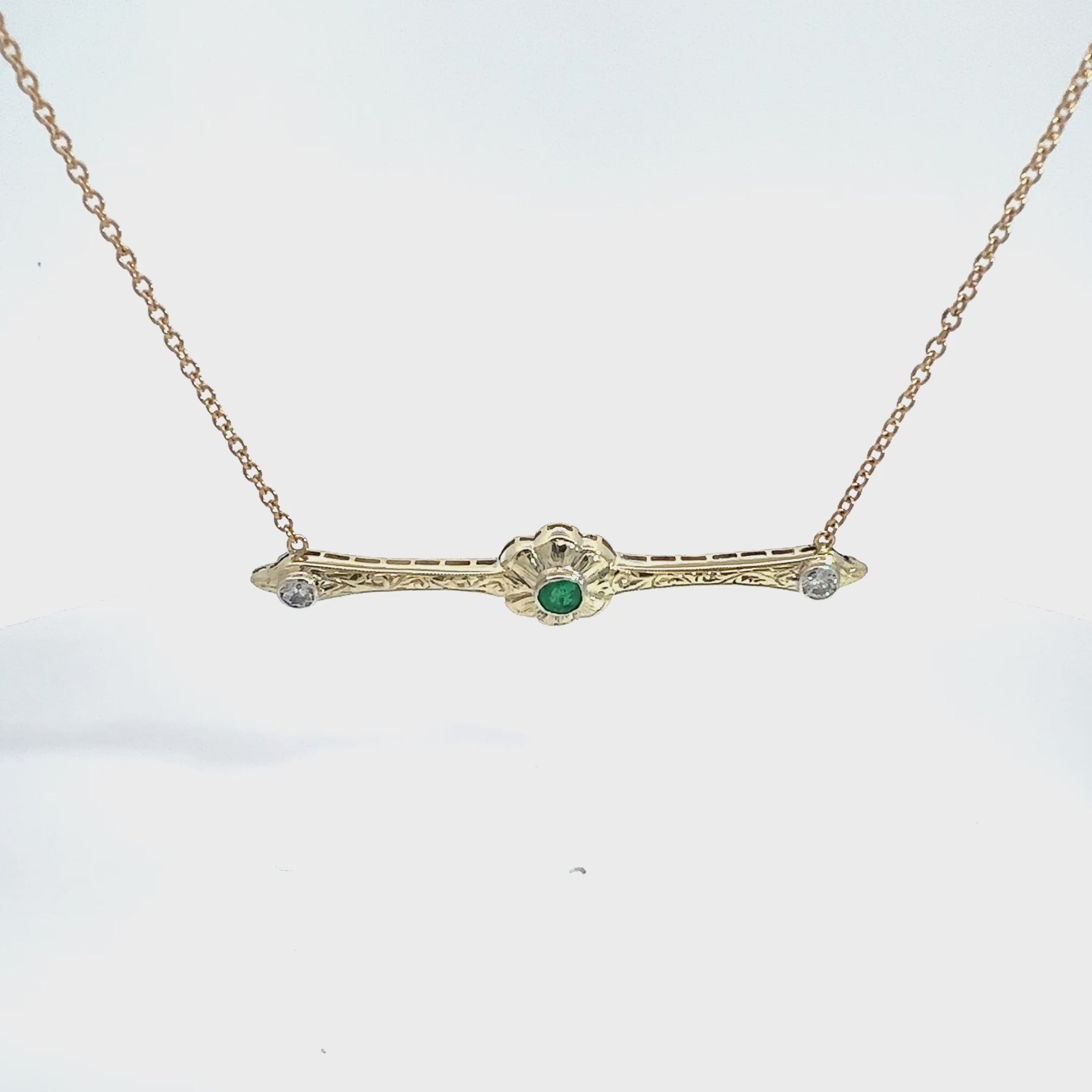 Vintage 14k Yellow Gold Emerald & Diamond Pendant Necklace 16"