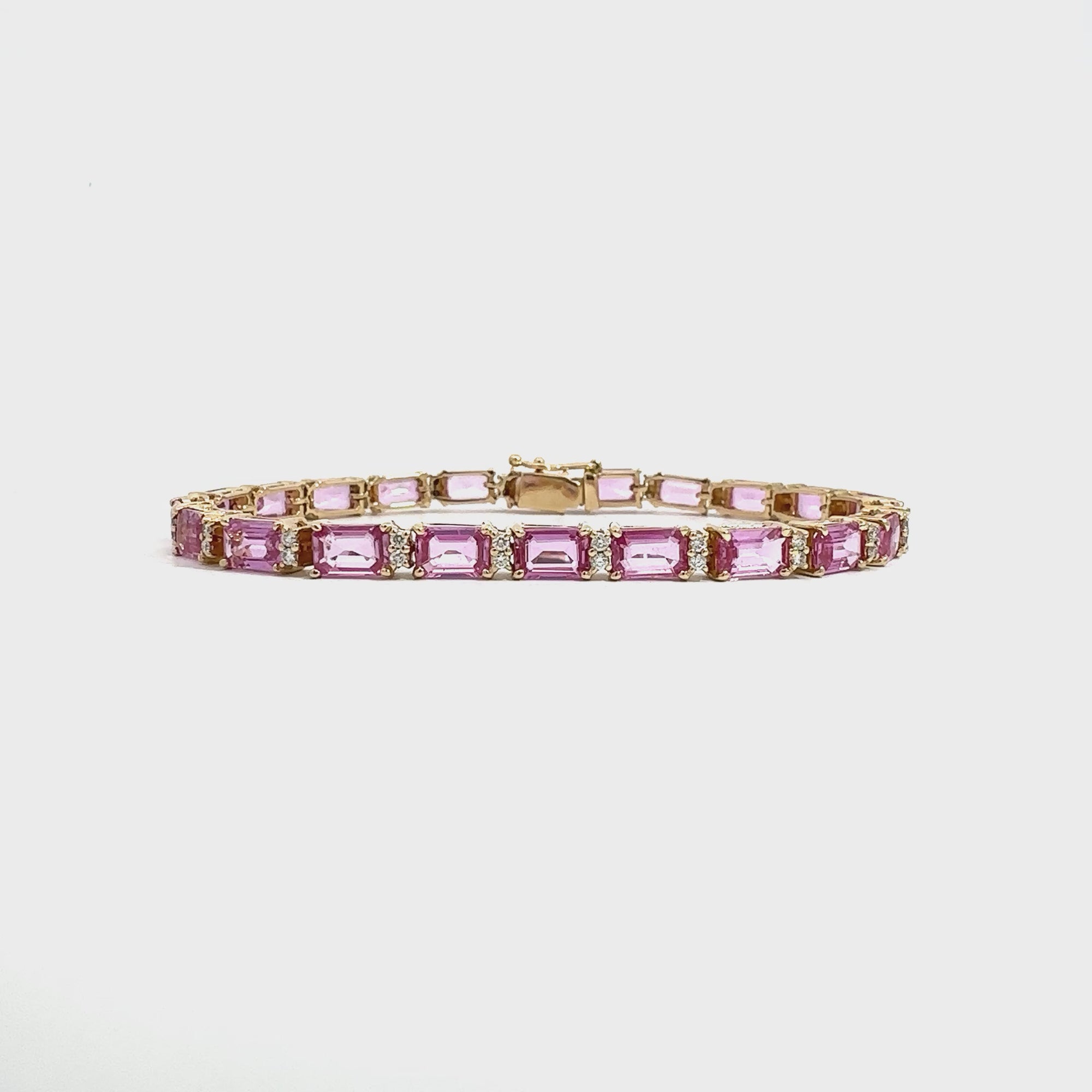 Estate 14k Yellow Gold 12.10cttw Emerald Cut Pink Sapphire & 0.50cttw Diamond Tennis Bracelet 7"