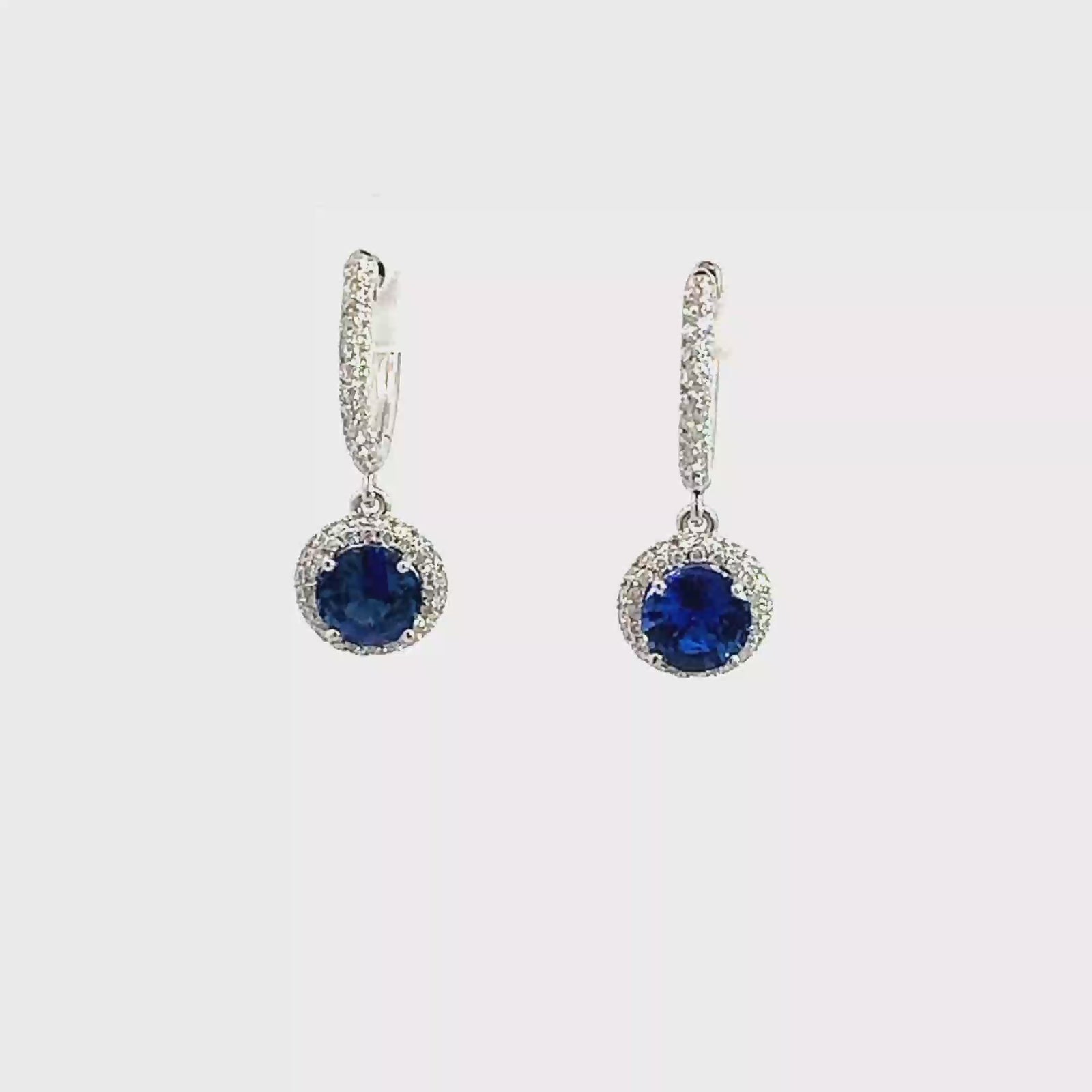Estate 18k White Gold 1.48ctw Deep Blue Round Sapphire and 0.50ctw Diamond Dangle Earrings