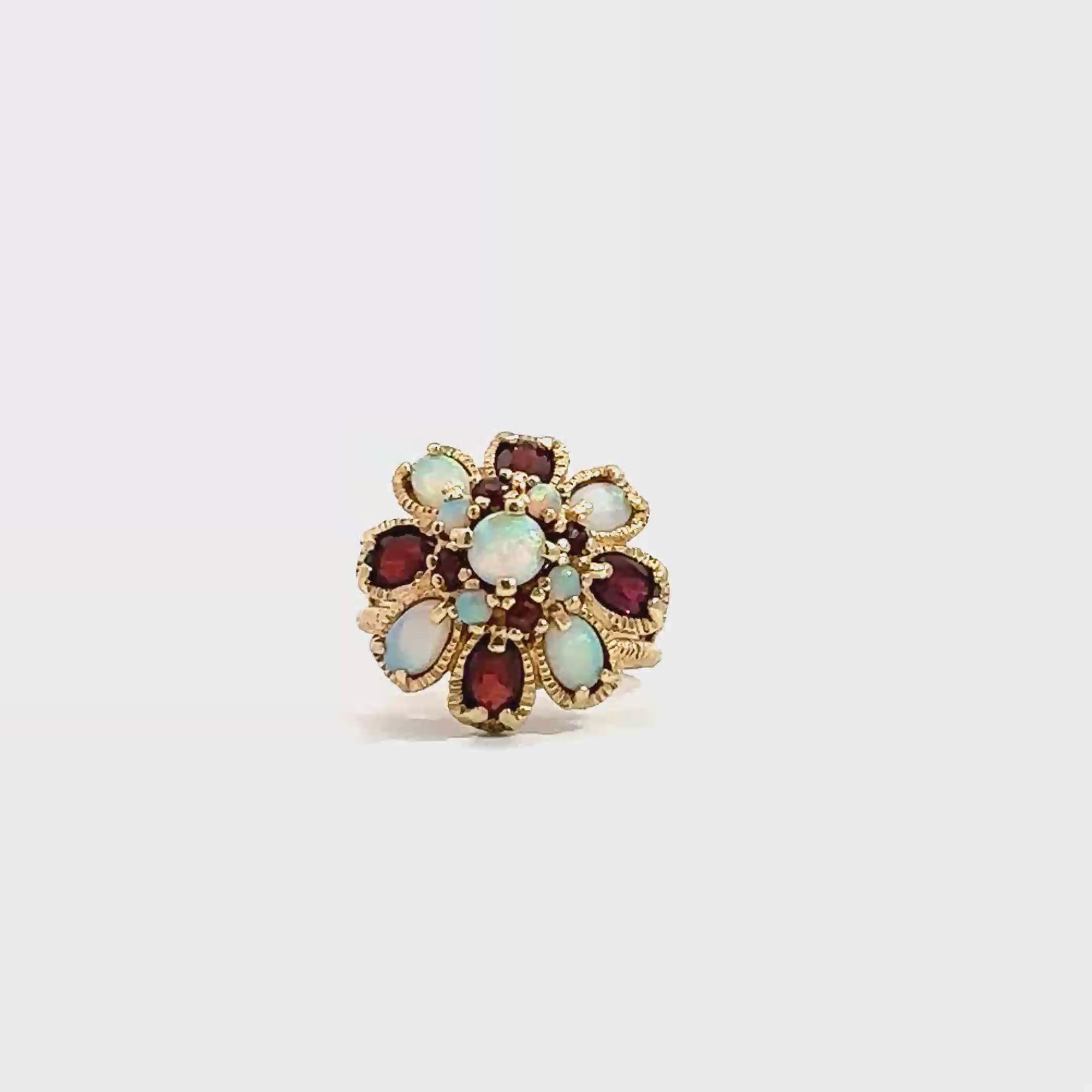 Vintage 14k Yellow Gold 0.61ctw Opal and 1.04ctw Garnet Floral Ring