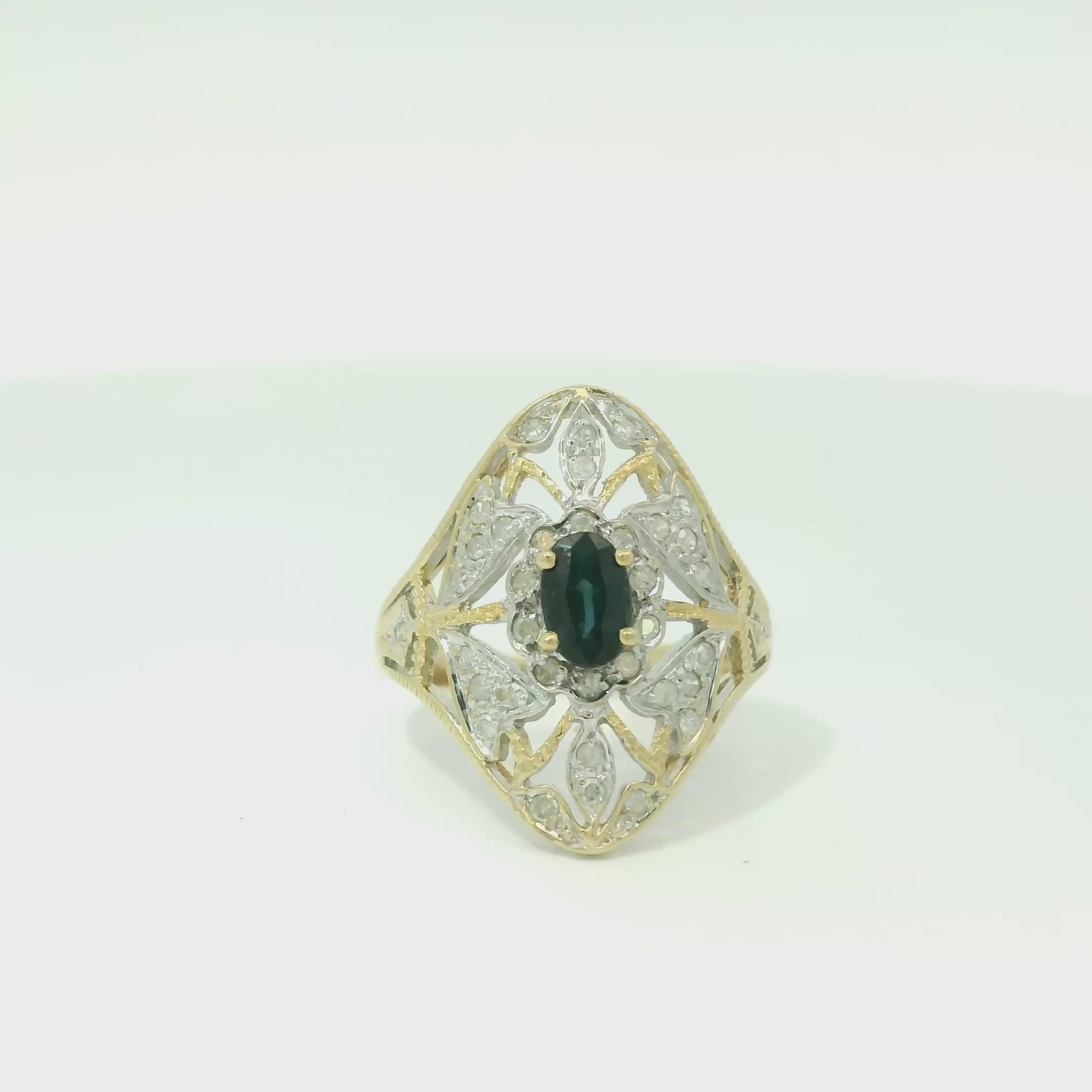 Vintage 14k Yellow Gold Openwork Diamond Accented Sapphire Ring
