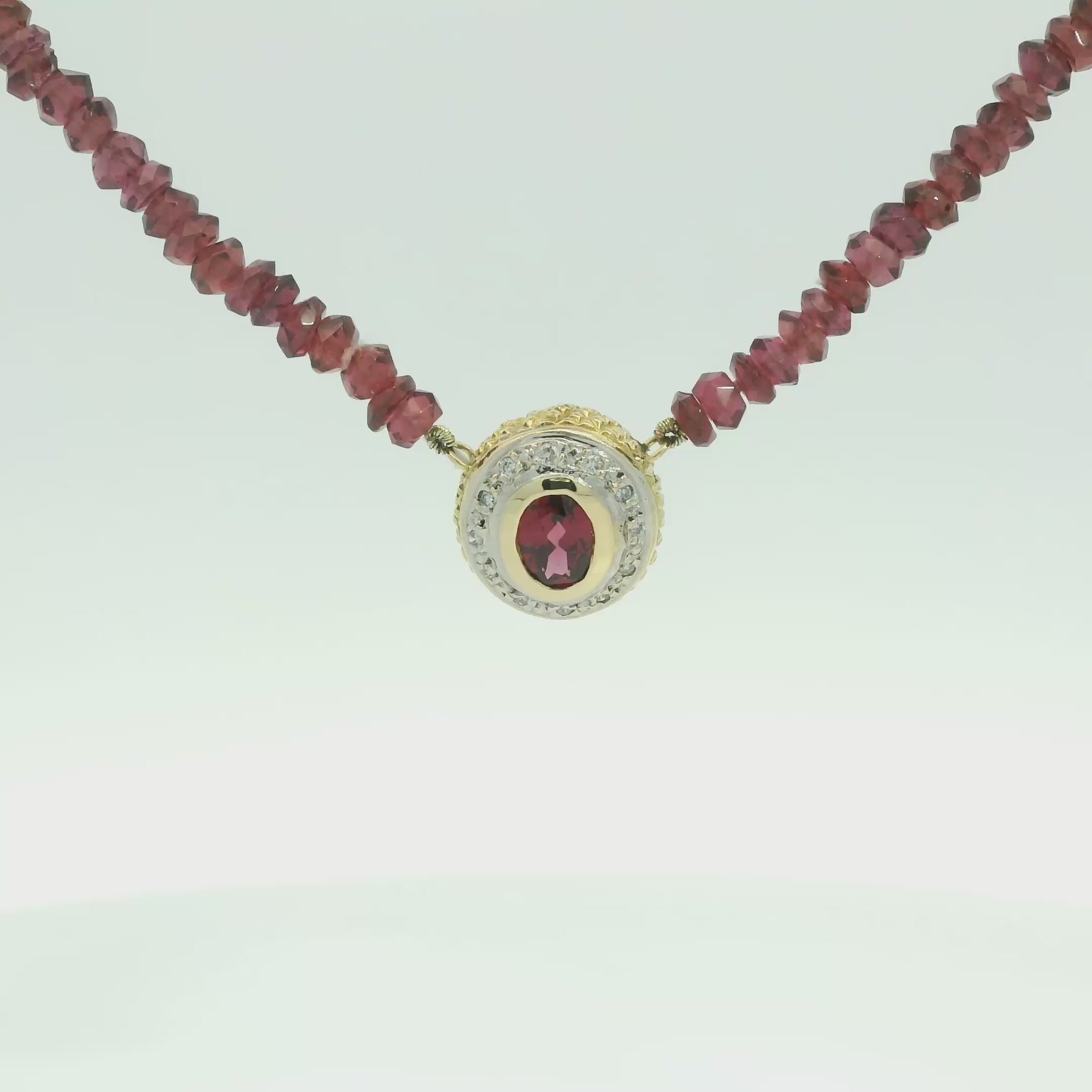 Vintage Beaded 14k Yellow Gold Rhodolite Garnet and Diamond Pendant Necklace 16"
