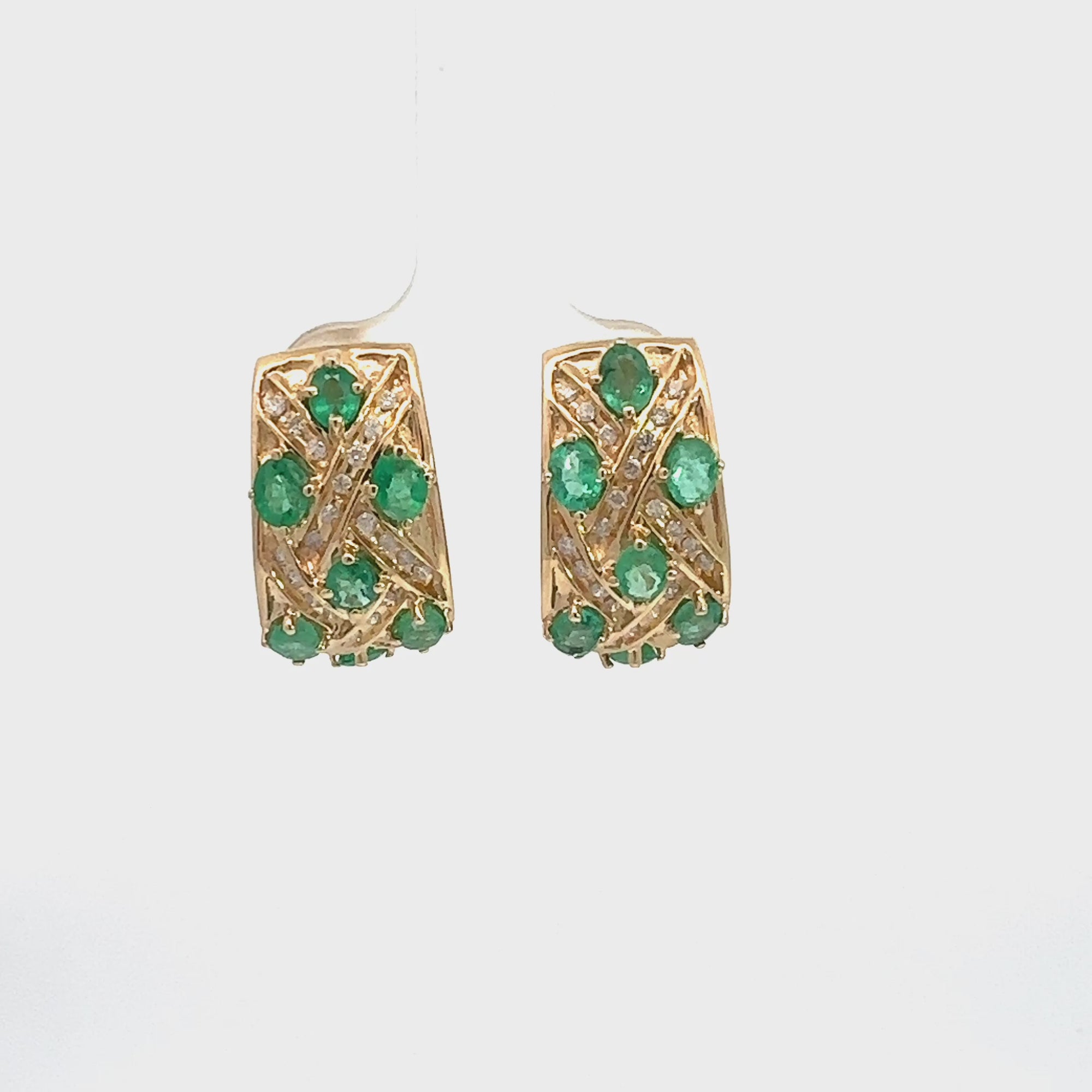 Vintage 14k Yellow Gold Emerald & Diamond Huggie Earrings
