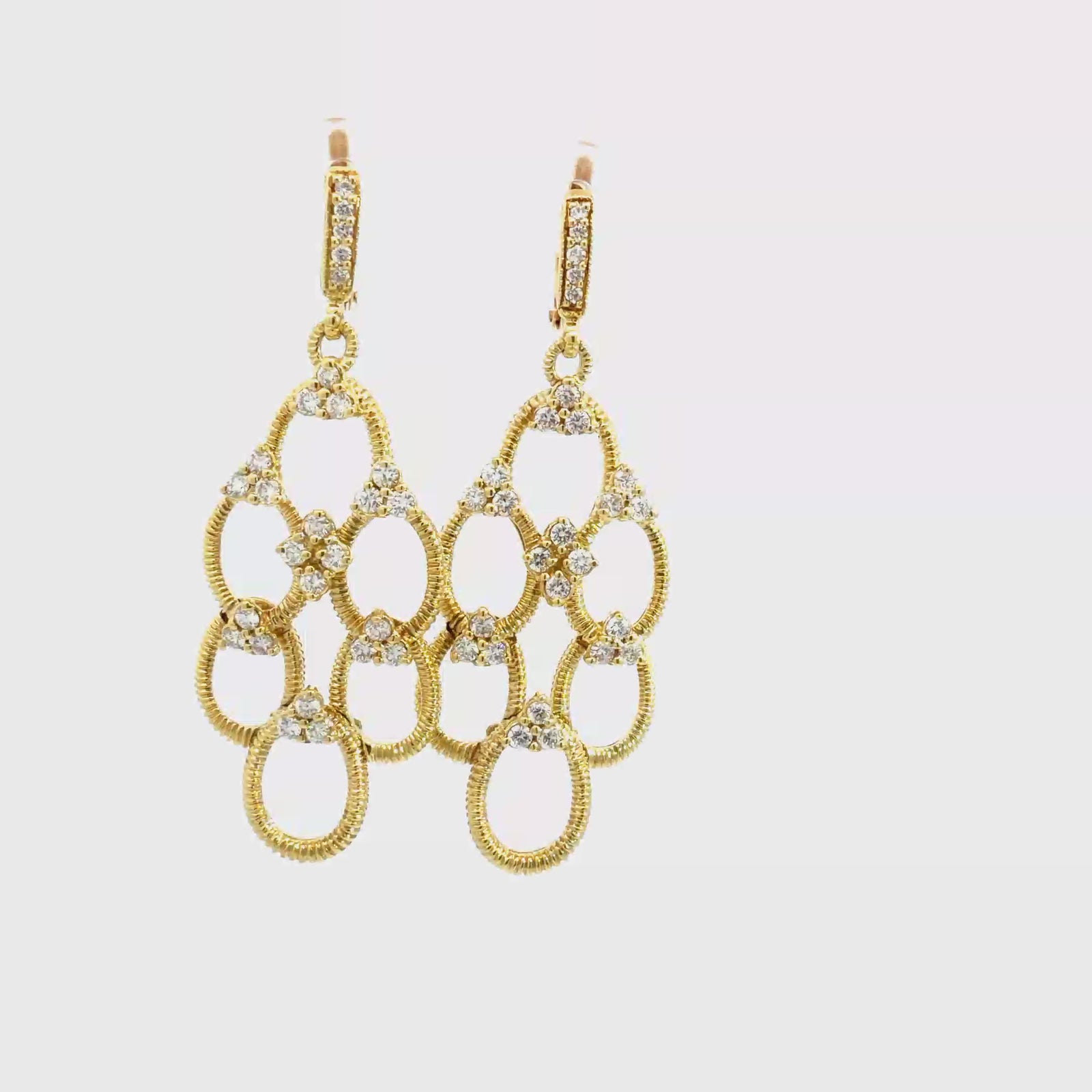 Vintage 18k Yellow Gold Interlocking Oval Diamond Dangle Earrings