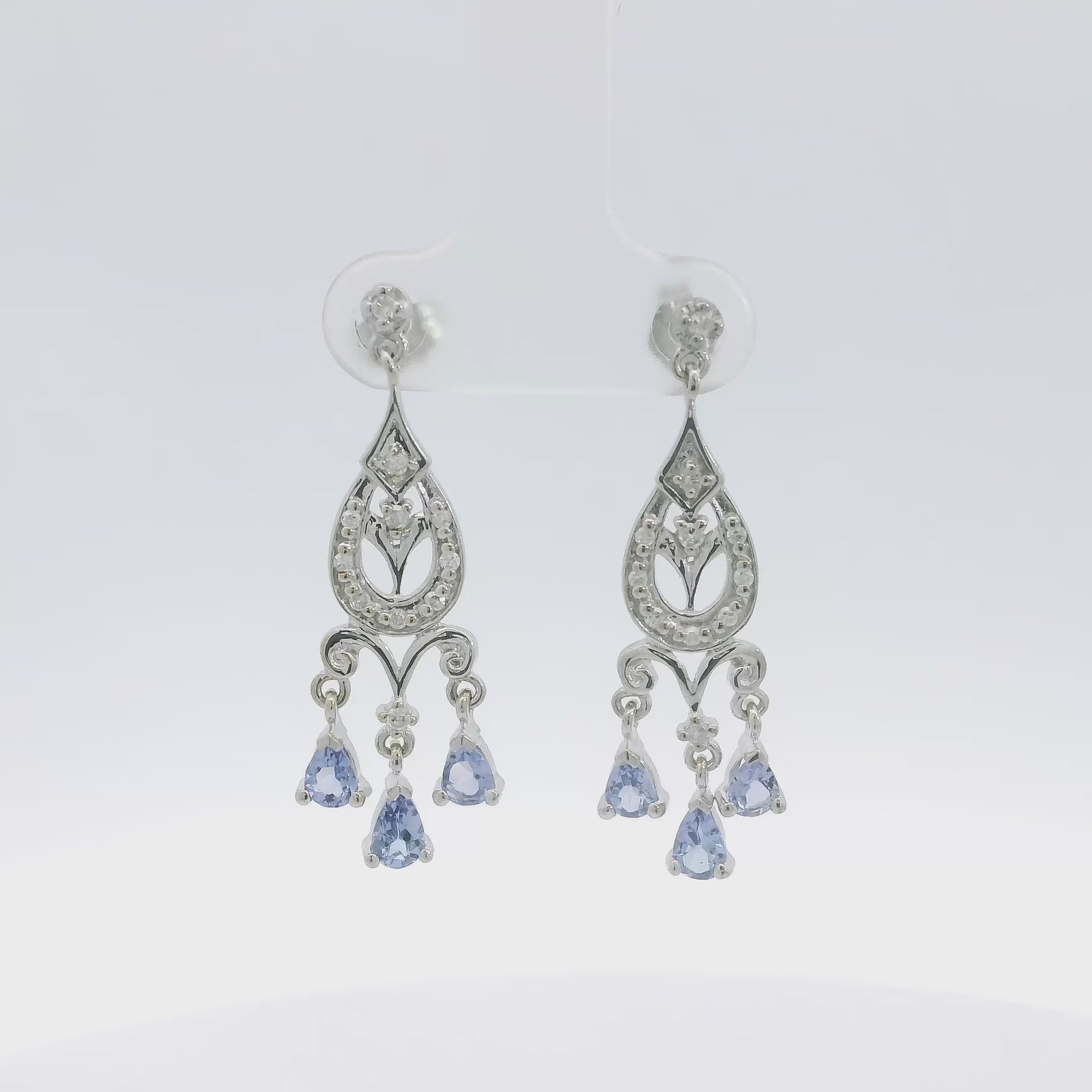 Vintage 14k White Gold Tanzanite & Diamond Drop Earrings