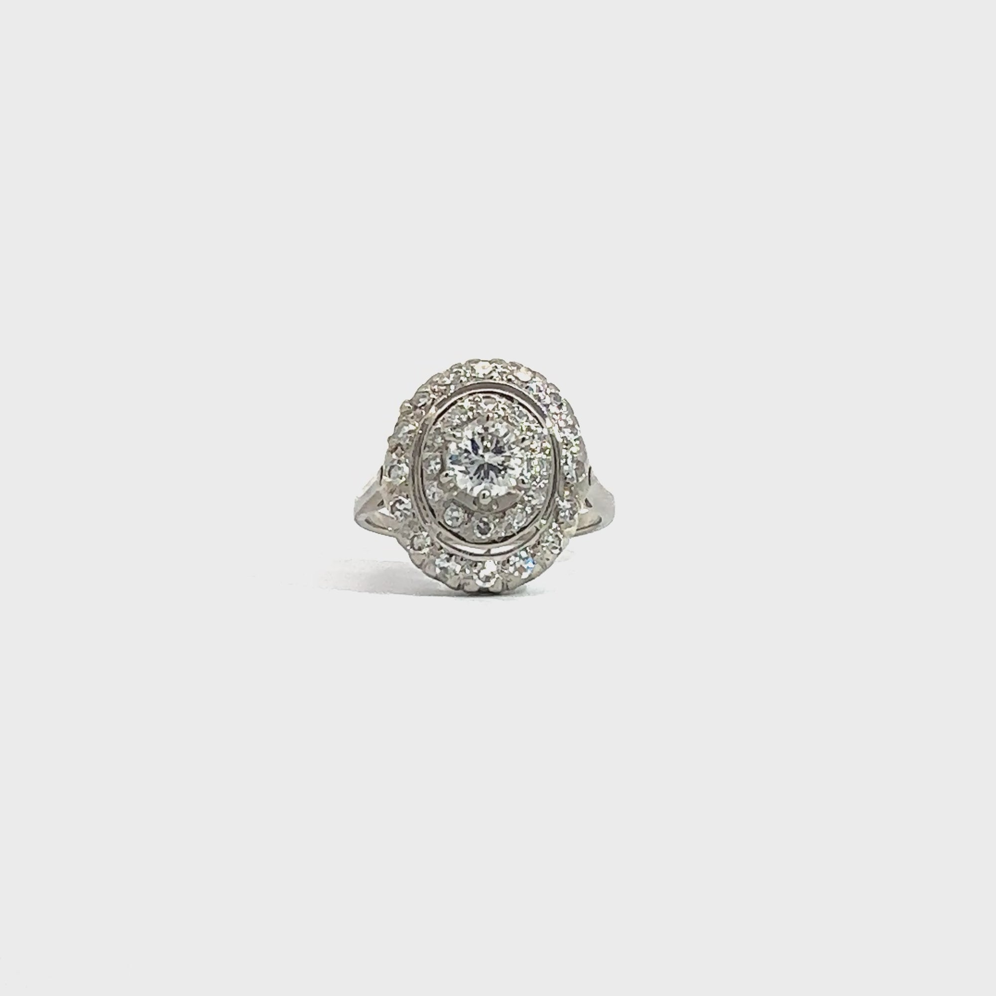 Vintage Art Deco 14k White Gold 0.98ctw Diamond Cluster Halo Ring