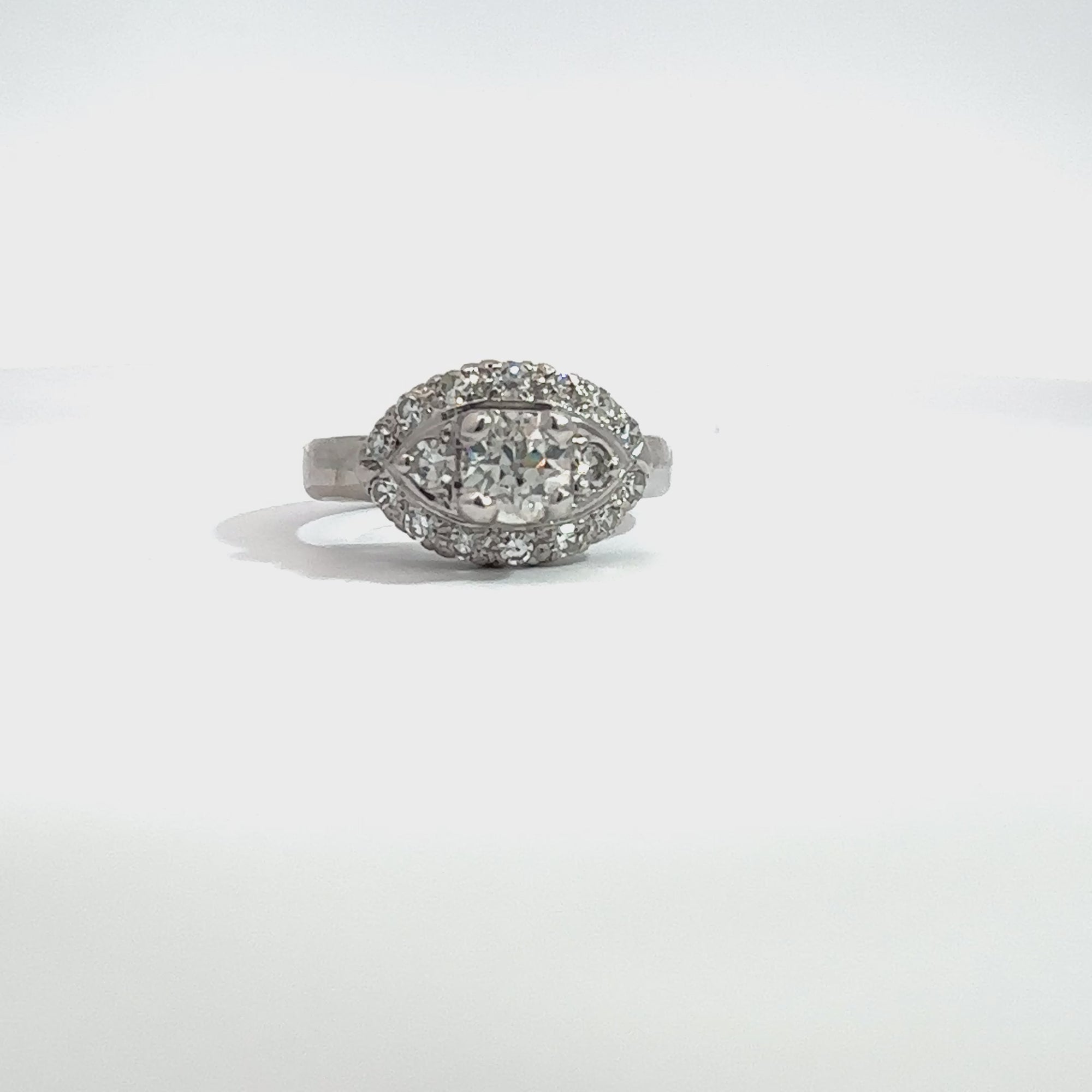 Vintage Art Deco 14k White Gold Euro Cut Diamond Ring-0.95CTW