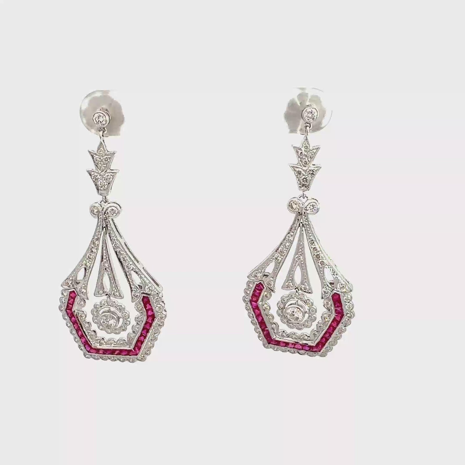 Vintage 18k White Gold 1.23ctw Diamond and Lab Created Ruby Dangle Earrings