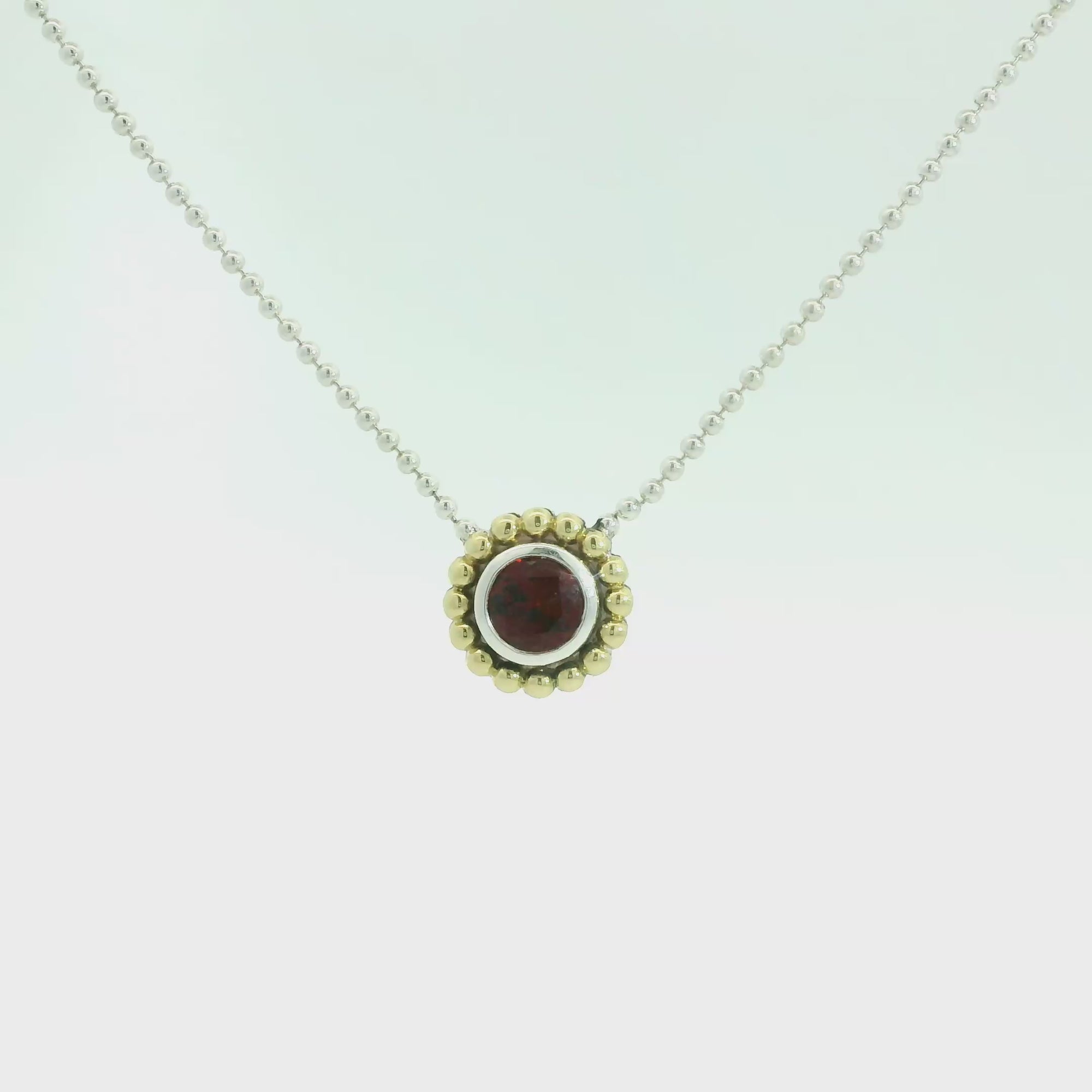 Estate Lagos Sterling Silver & 18k Yellow Gold Garnet Pendant Necklace 18"