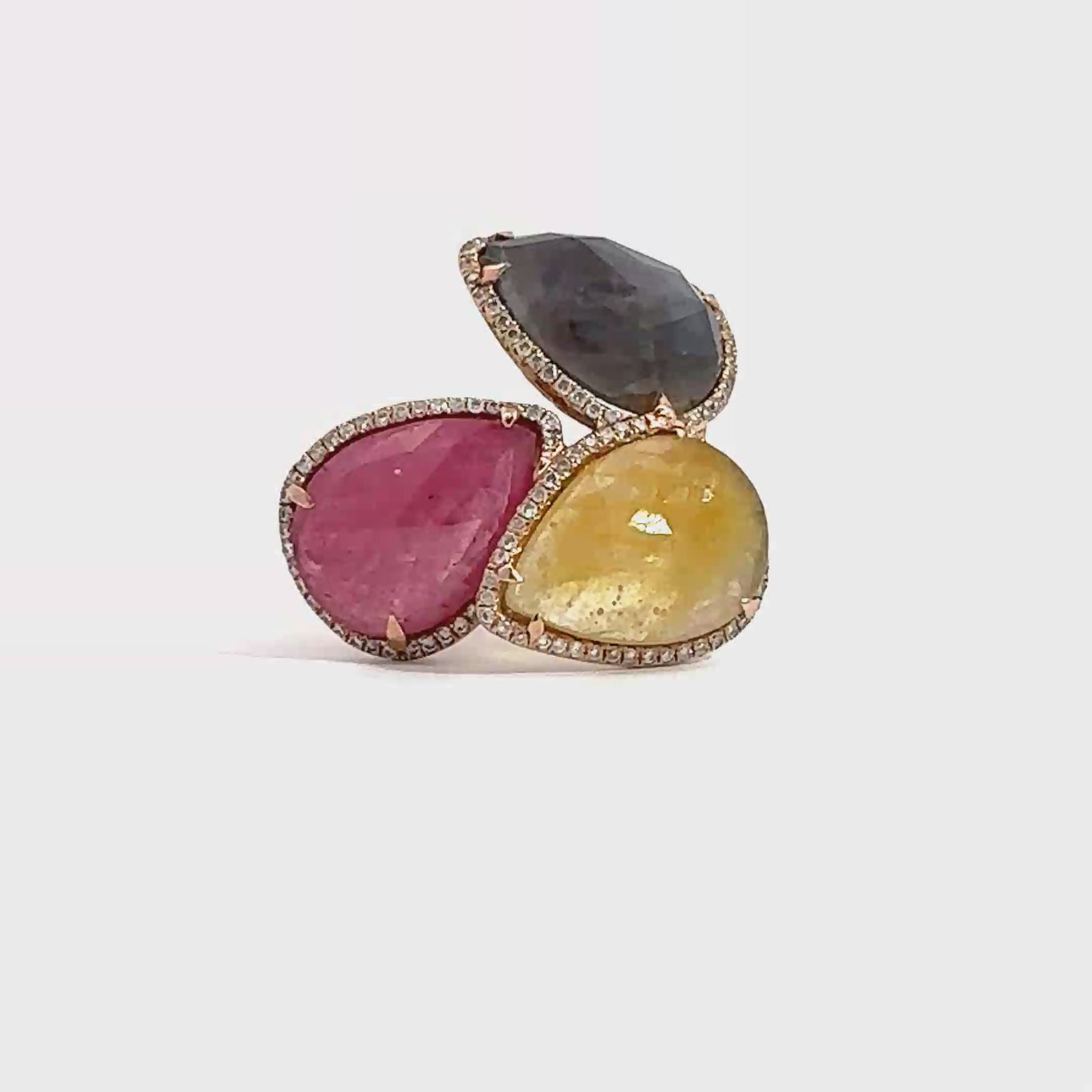 Estate 14k Rose Gold Pear Shaped Yellow Sapphire, Blue Sapphire, Ruby, and Diamond Ring