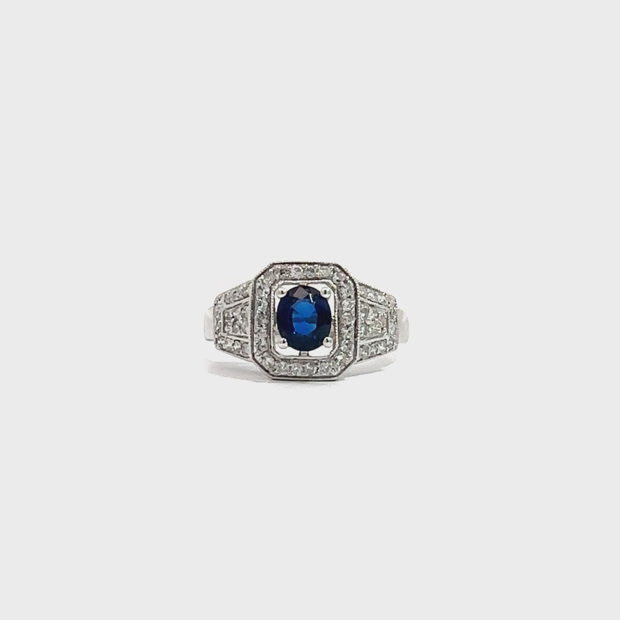 Vintage 18k White Gold Oval Cut Sapphire & Diamond Ring