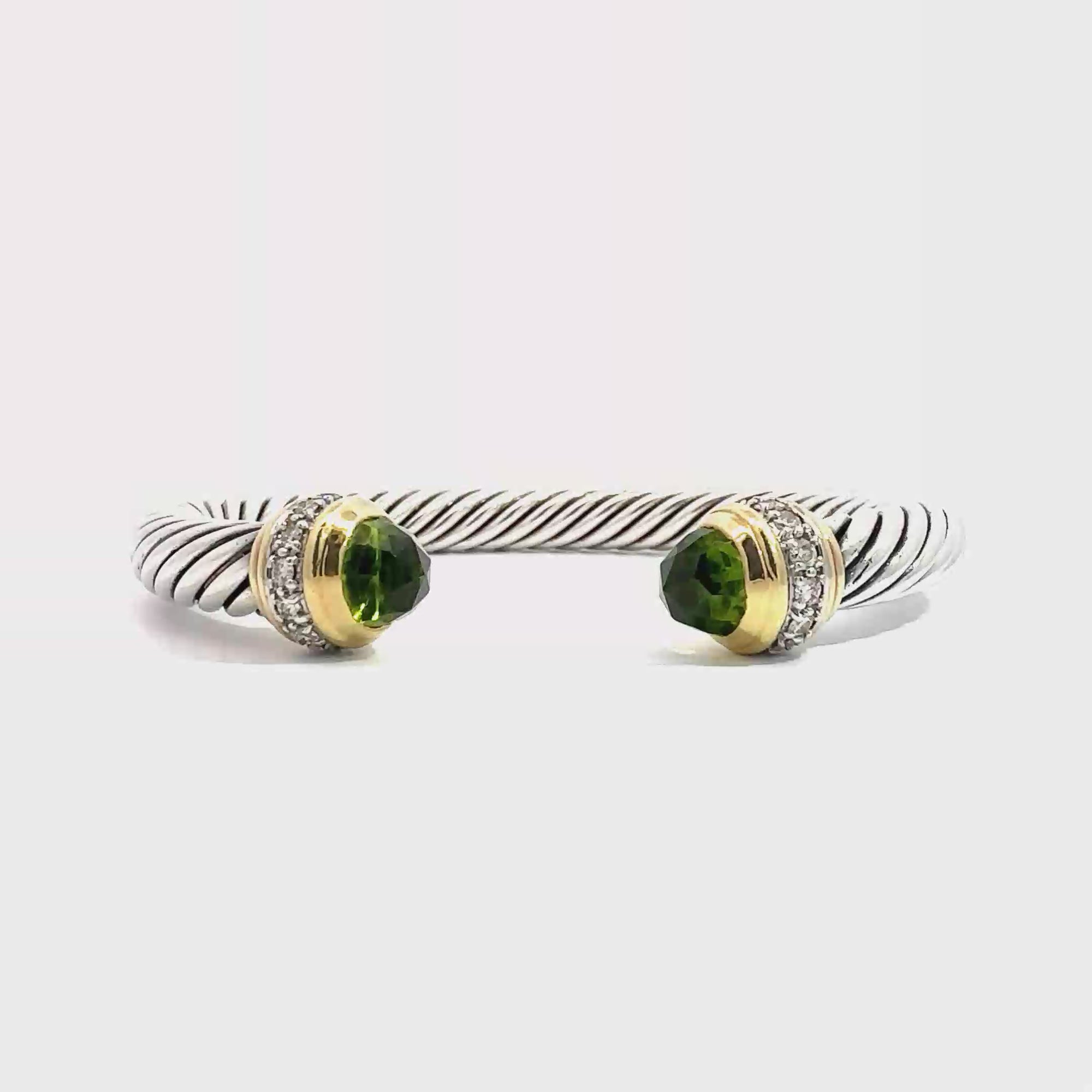 Estate David Yurman Sterling Silver and 18k Yellow Gold Diamond and Peridot Cuff