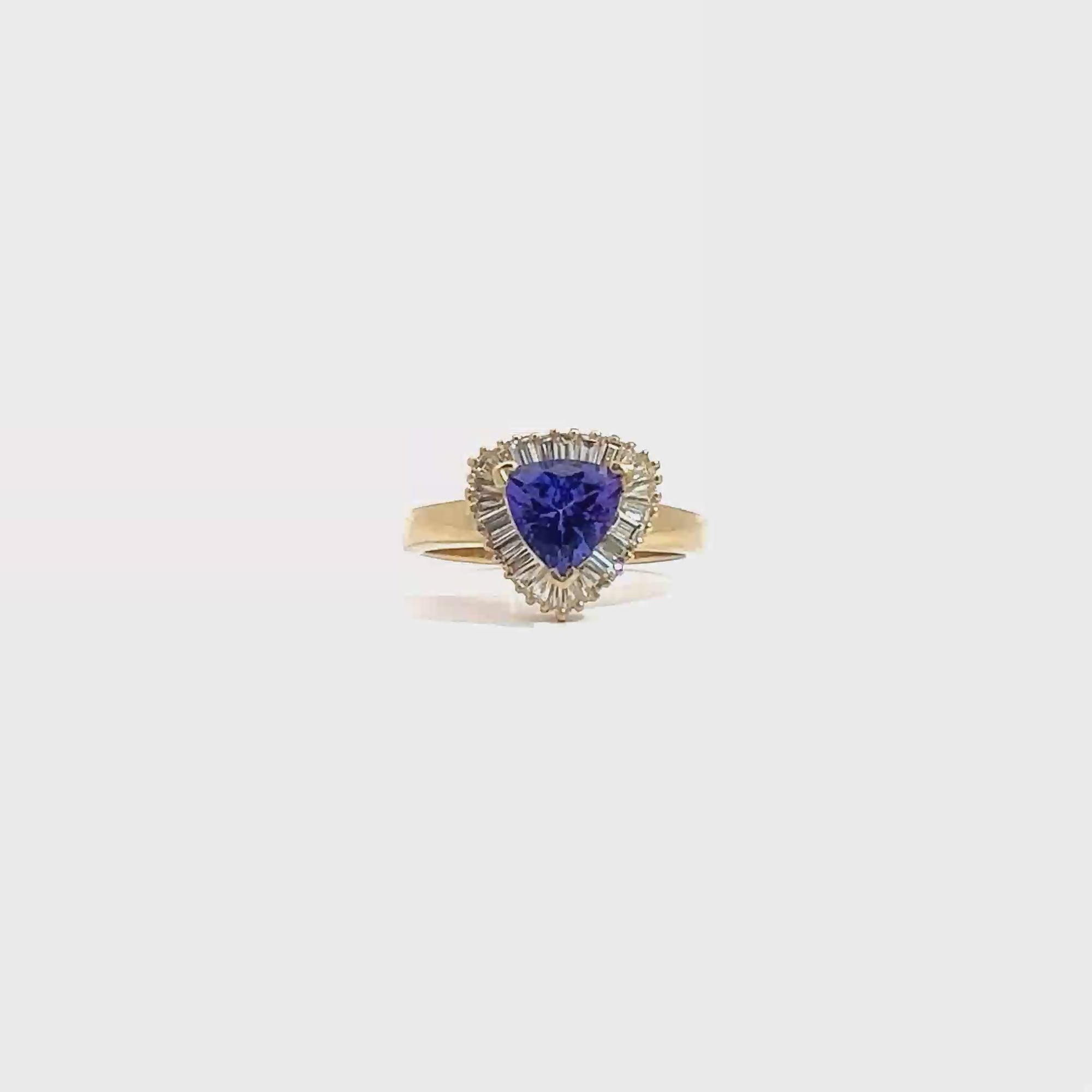 Estate 14k Yellow Gold 1.45ctw Trillion Cut Tanzanite 0.50ctw Baguette Diamond Halo Ring