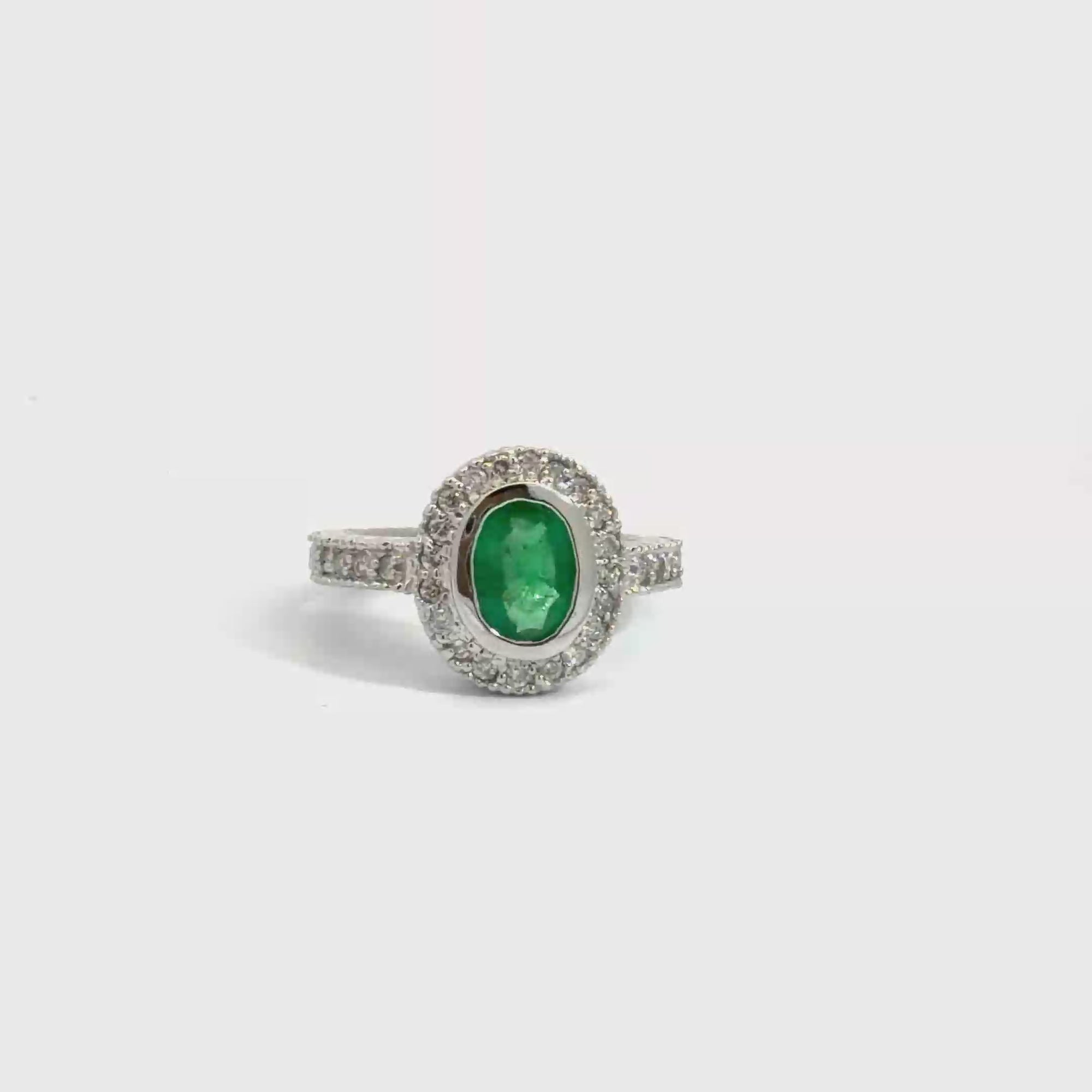 Estate 14k White Gold Oval Emerald and Diamond Ring